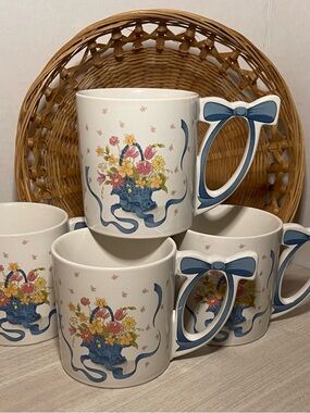 Vintage Set of 4 Floral Blue Ribbon Mugs Cottage Core Granny Core Unique Retro